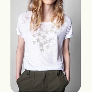 Zadig & Voltaire Star Anya T-shirt White Linen Blend Rhinestone Stars size M